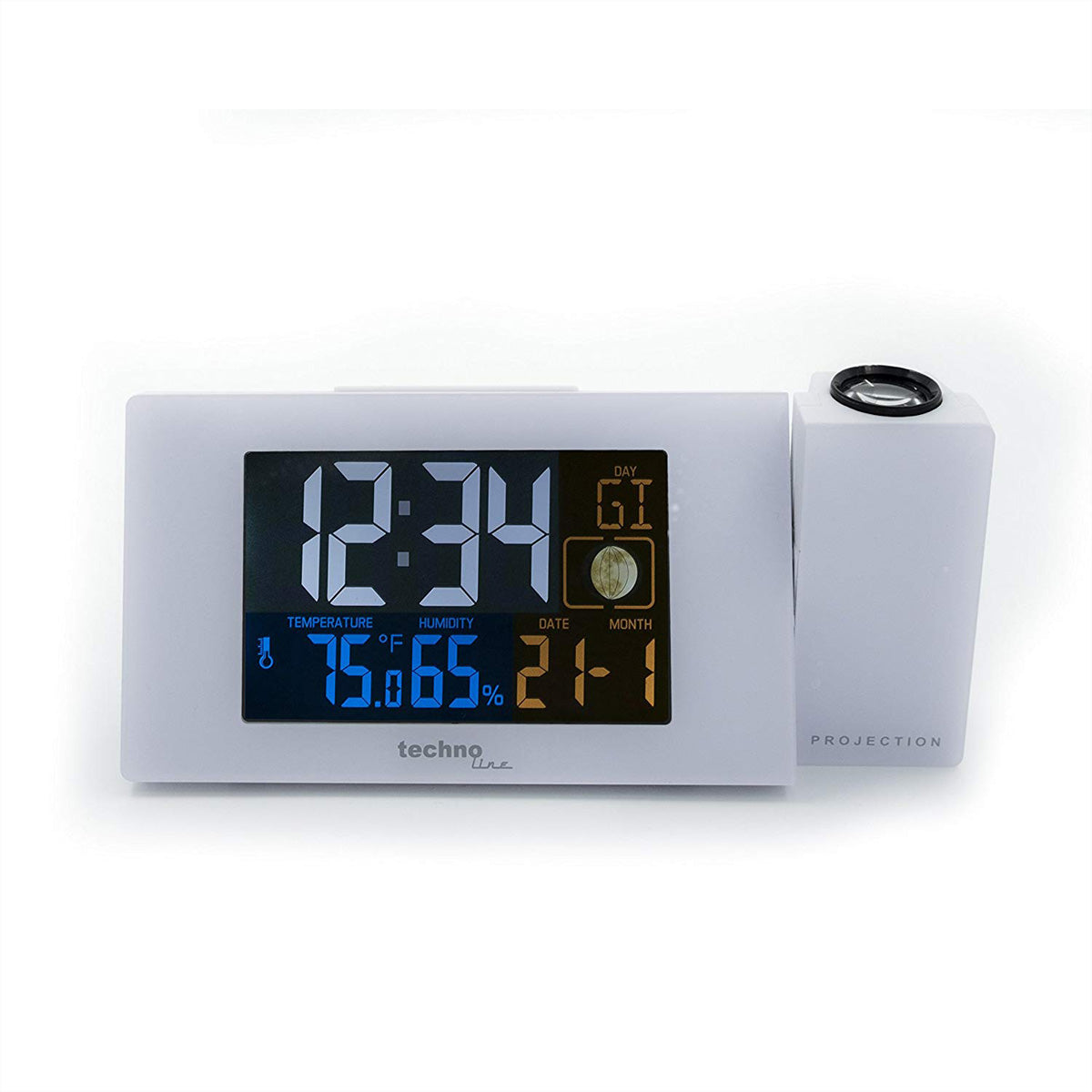 Technoline WT537 Projektionswecker – Funk, Thermometer, 16,5 × 7,5 × 5,6 cm, Weiss, Kunststoff