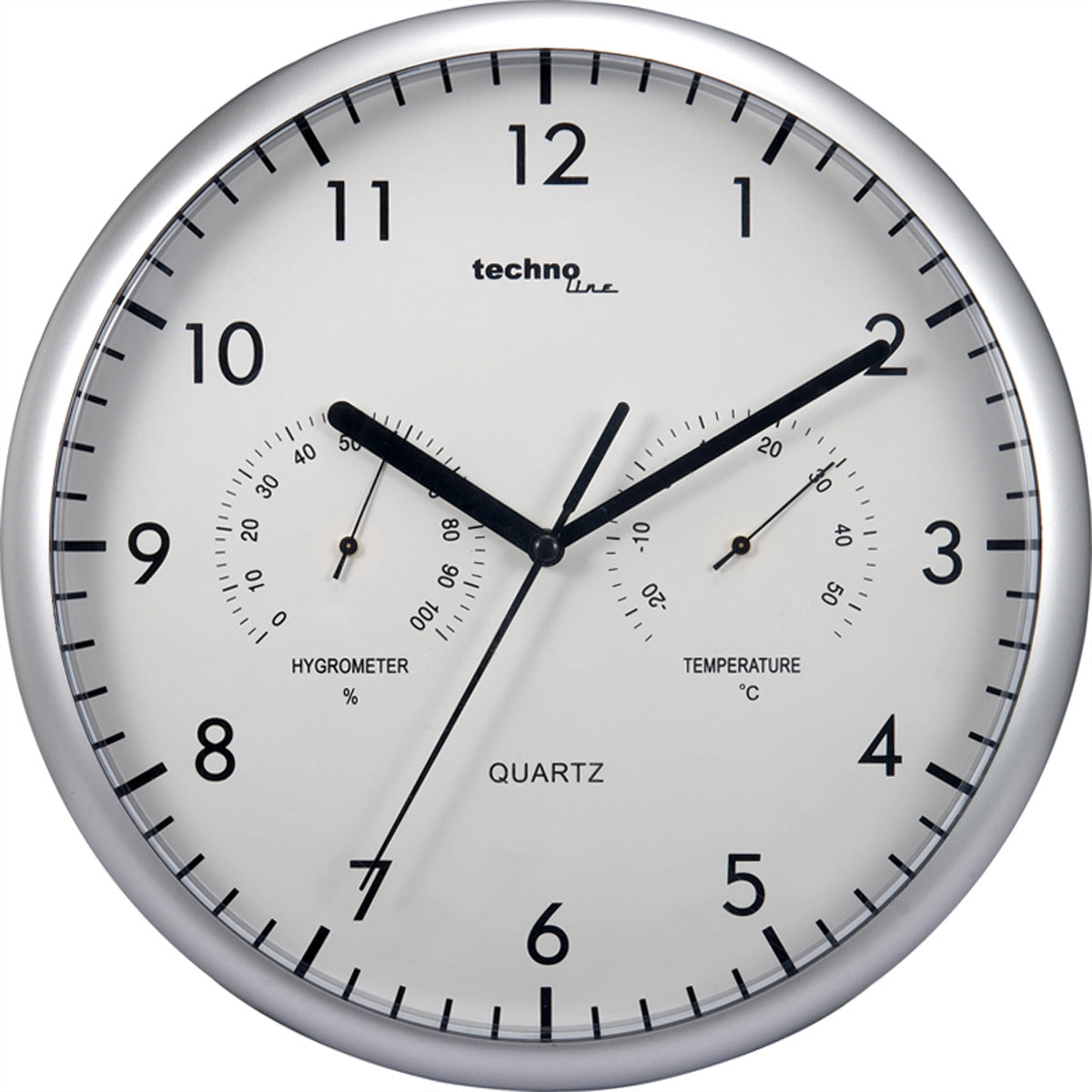 Technoline Wanduhr – Analog, Thermometer, Hygrometer, Ø 26 cm, Silber, Kunststoff