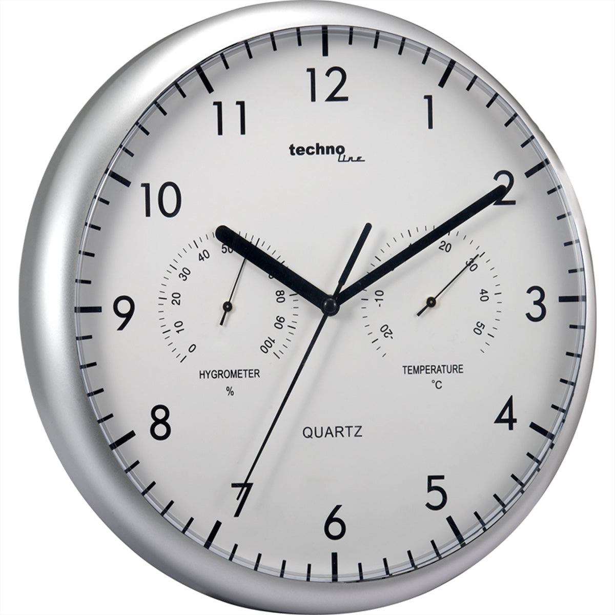 Technoline Wanduhr – Analog, Thermometer, Hygrometer, Ø 26 cm, Silber, Kunststoff