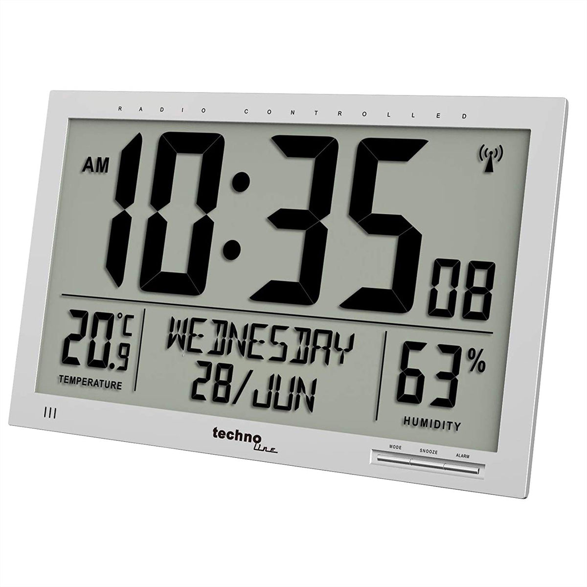 Technoline WS 8013 Wanduhr – Digital, Funk, Thermometer, Hygrometer, 36,9 × 27,0 × 2,4 cm, Weiss