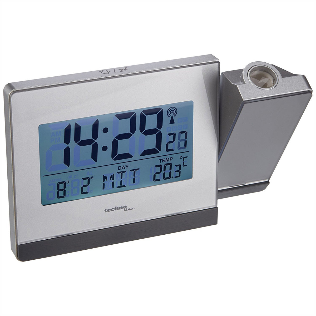 Technoline WT538 Projektionswecker – Funk, Thermometer, Schlummerfunktion, 14,7 × 9,2 × 4,2 cm, Grau