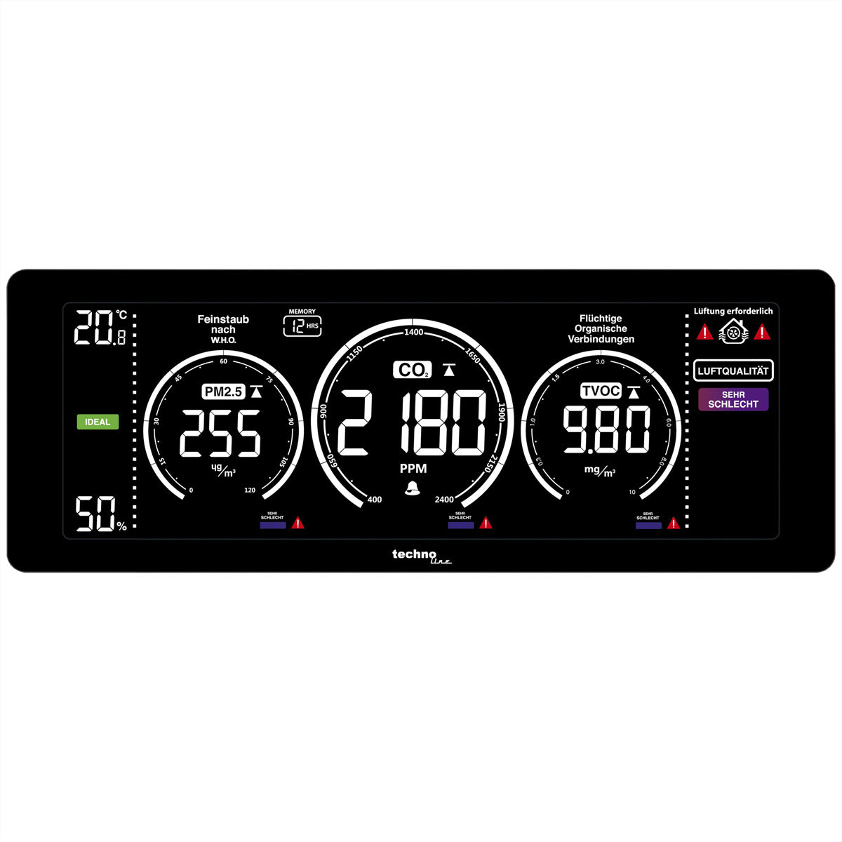 Technoline WL 1035 – Multisensor/Raumsensor, Temperatur & Feuchtigkeit, PM2.5, TVOC & CO2, LCD-Display – Schwarz