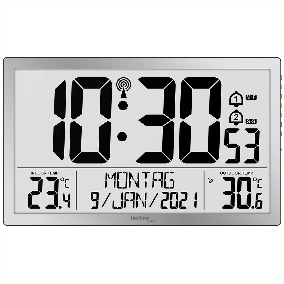 Technoline WS 8113 Wanduhr – Digital, Thermometer/Hygrometer, 37,3 × 22,8 × 3,0 cm, Silber, Kunststoff