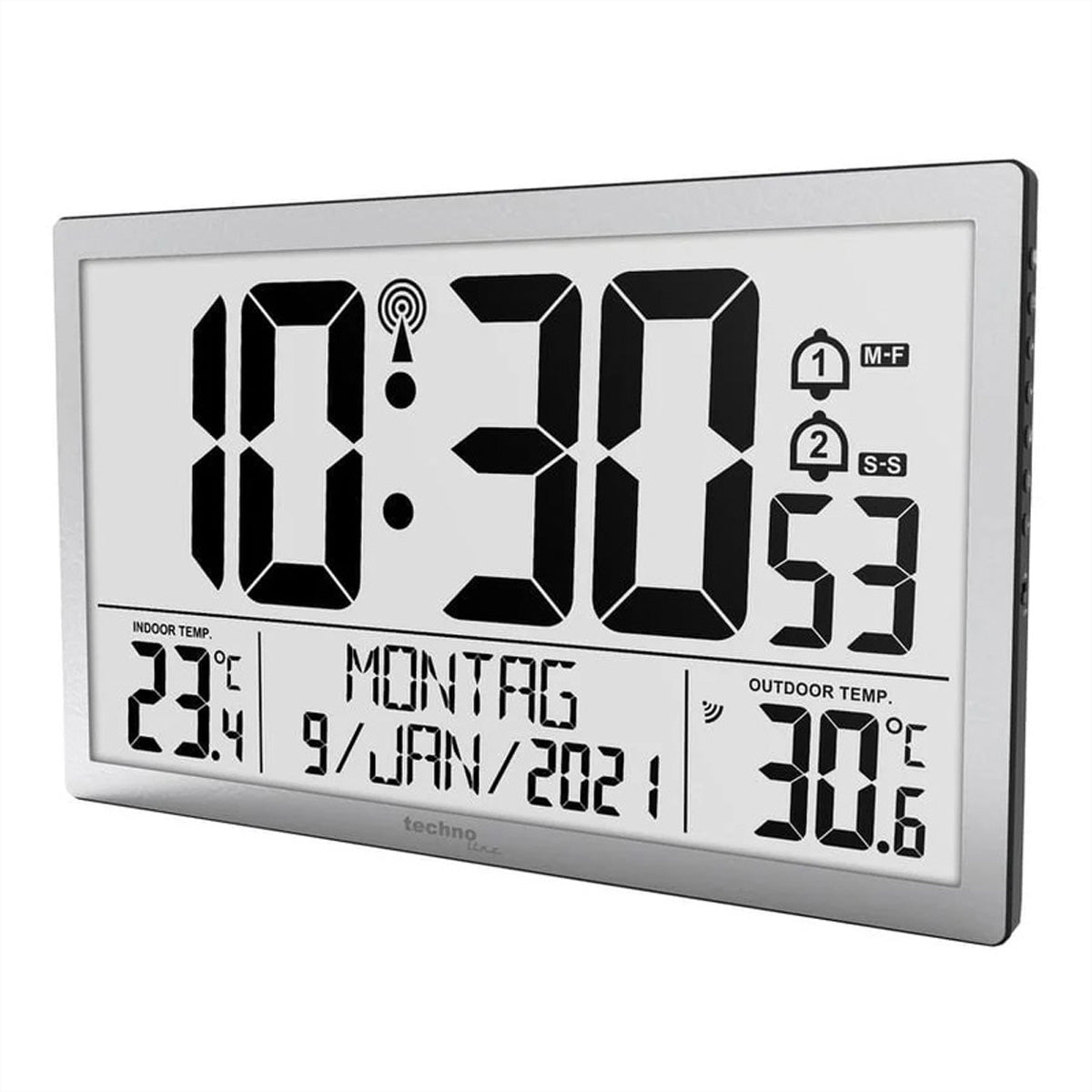Technoline WS 8113 Wanduhr – Digital, Thermometer/Hygrometer, 37,3 × 22,8 × 3,0 cm, Silber, Kunststoff