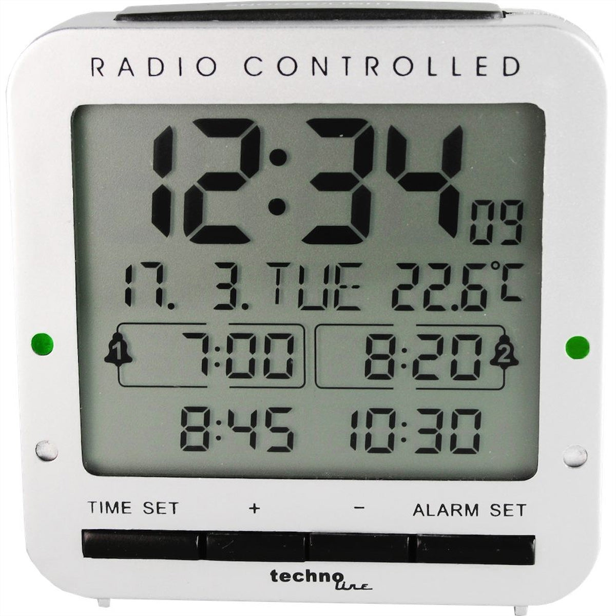 Technoline Digitalwecker – Funk, Snooze, Thermometer, 8 × 8 × 3 cm, Silber
