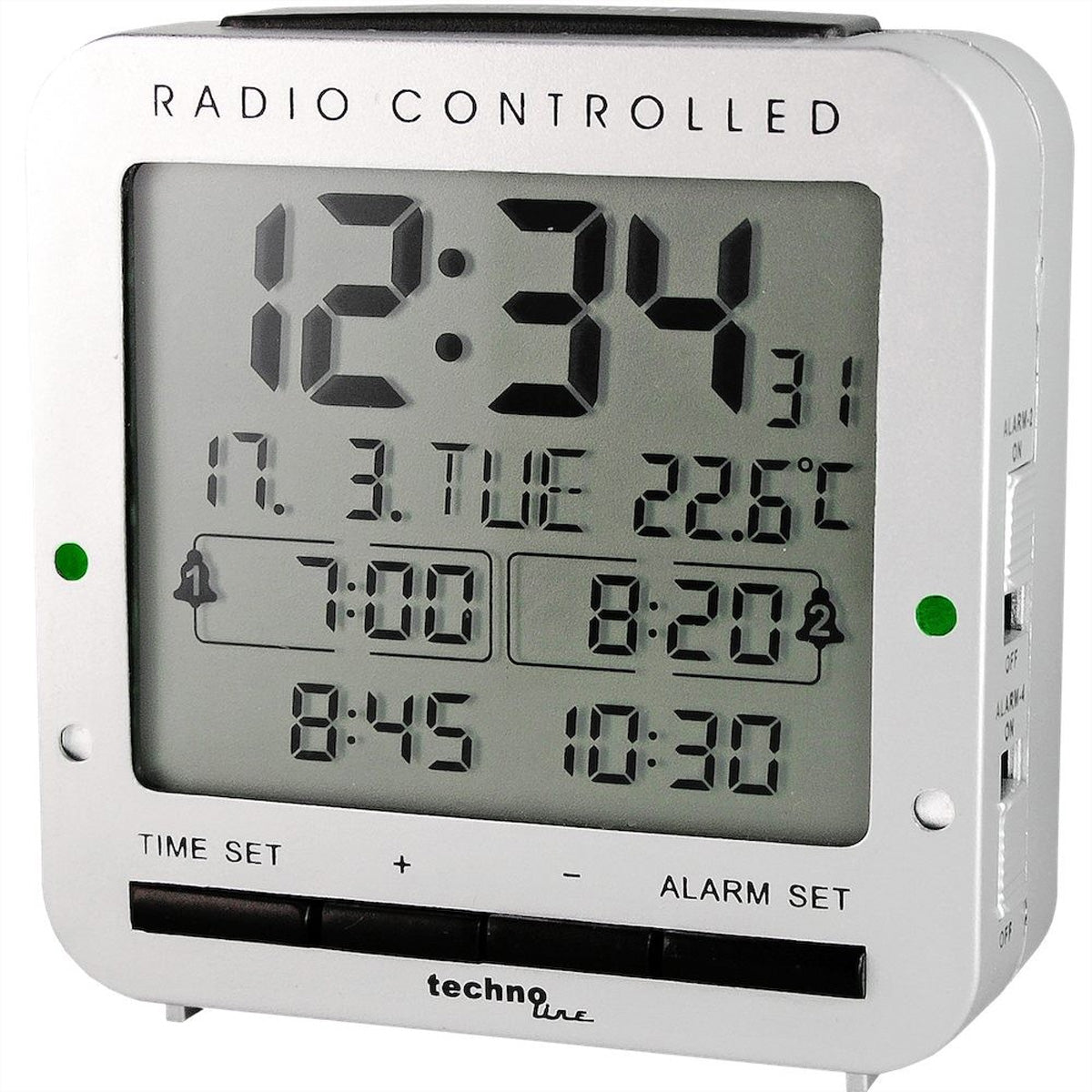 Technoline Digitalwecker – Funk, Snooze, Thermometer, 8 × 8 × 3 cm, Silber