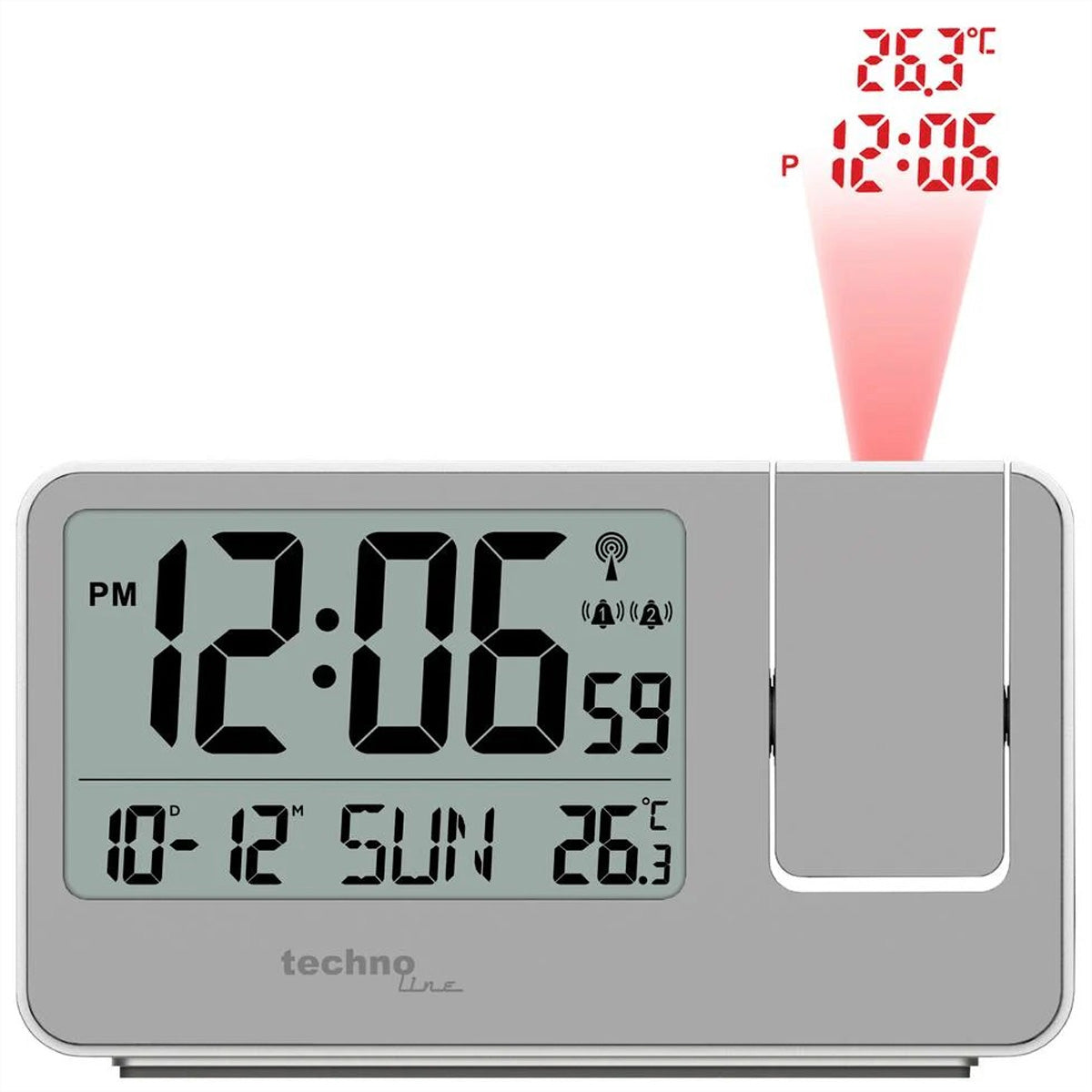 Technoline WT 534 Projektionswecker – Funk, Thermometer, 14,3 × 8,4 × 3,9 cm, Silber