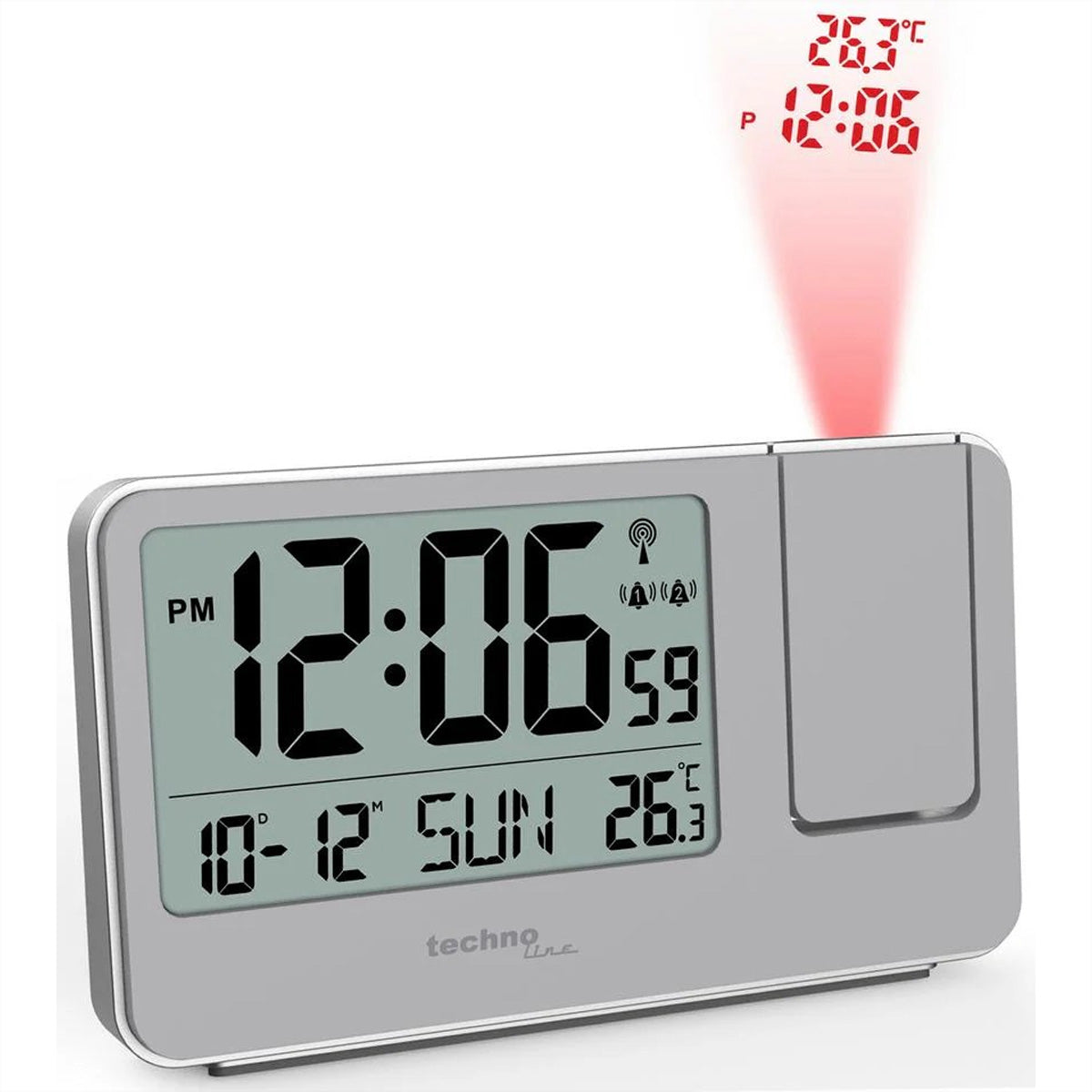 Technoline WT 534 Projektionswecker – Funk, Thermometer, 14,3 × 8,4 × 3,9 cm, Silber