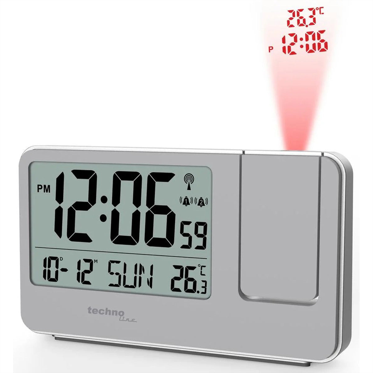 Technoline WT 534 Projektionswecker – Funk, Thermometer, 14,3 × 8,4 × 3,9 cm, Silber