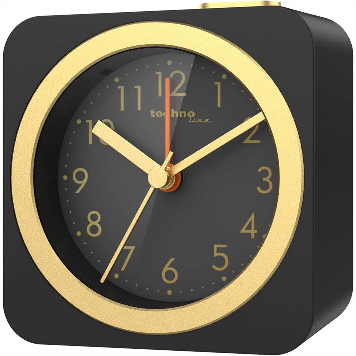 Technoline Modell C Wecker – Analog, Schlummerfunktion, Nachtlicht, 8 × 8 × 3,8 cm, Schwarz/Gold