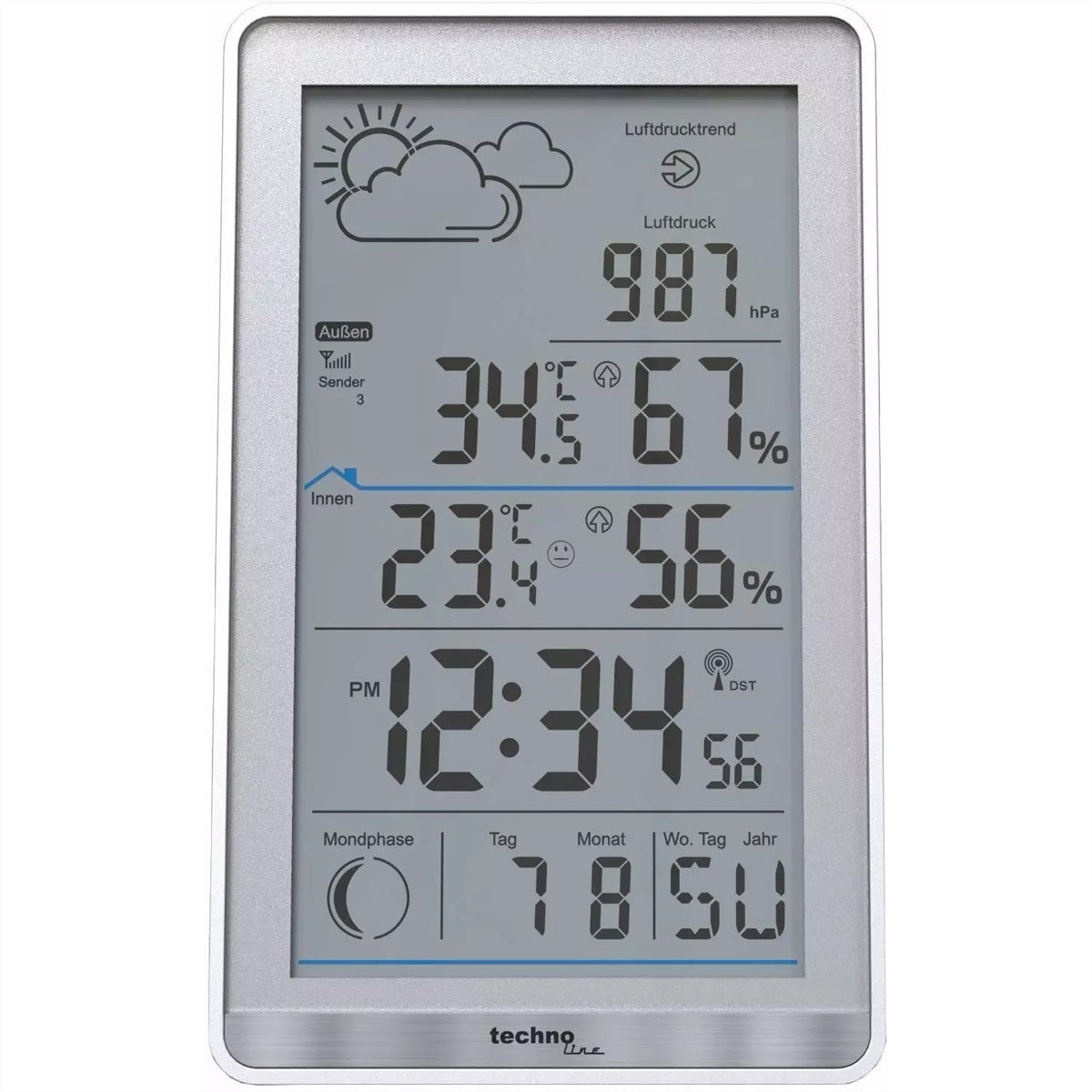 Technoline WS 9218 – Wetterstation, innen/aussen, Hygrometer & Barometer, inkl. Aussensensor – grau