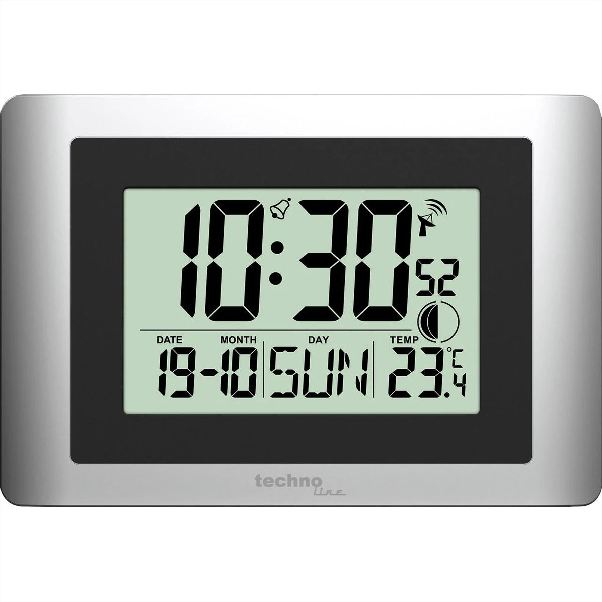 Technoline Wanduhr – Digital, Funk, Thermometer, 15 × 22 × 5,6 cm, Silber
