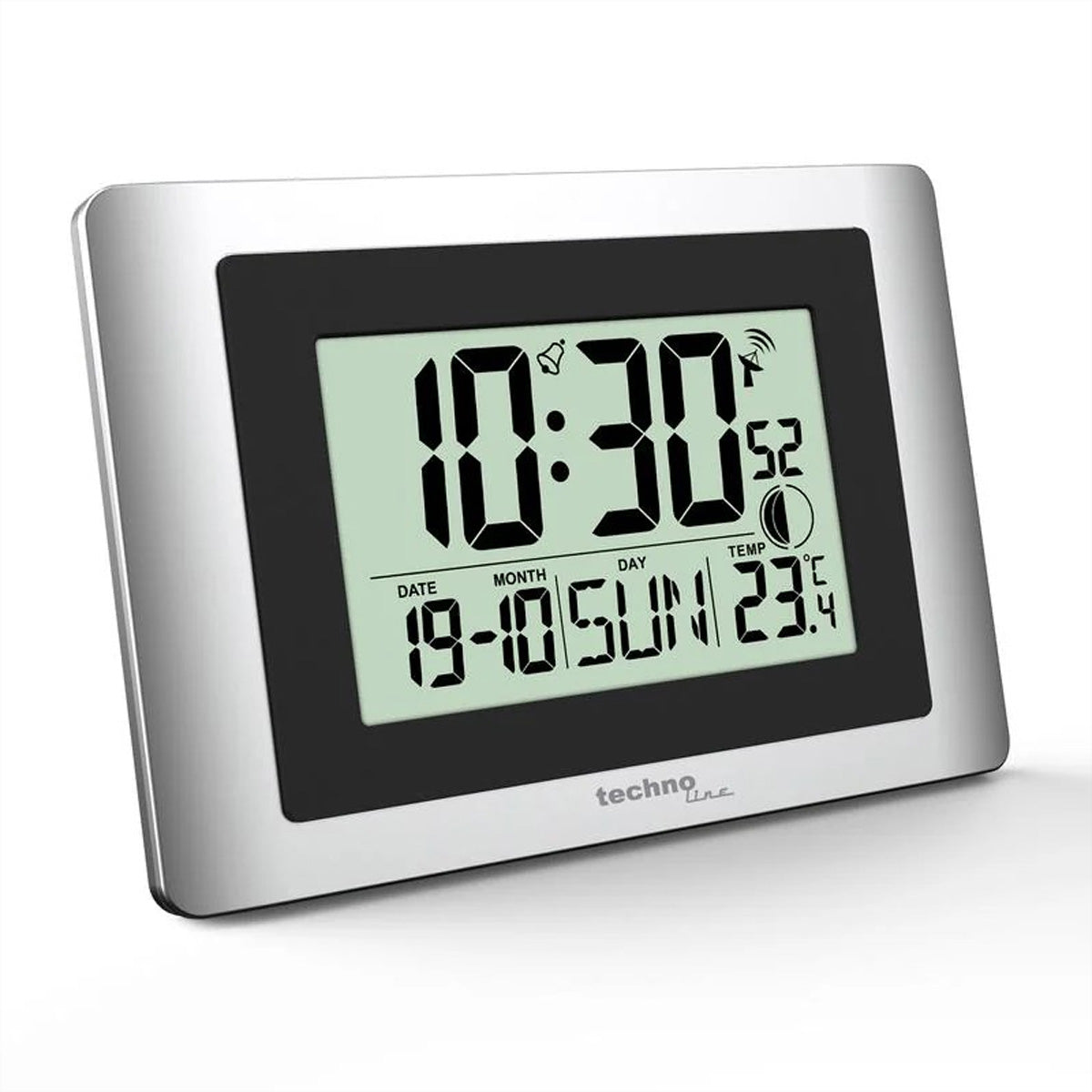 Technoline Wanduhr – Digital, Funk, Thermometer, 15 × 22 × 5,6 cm, Silber