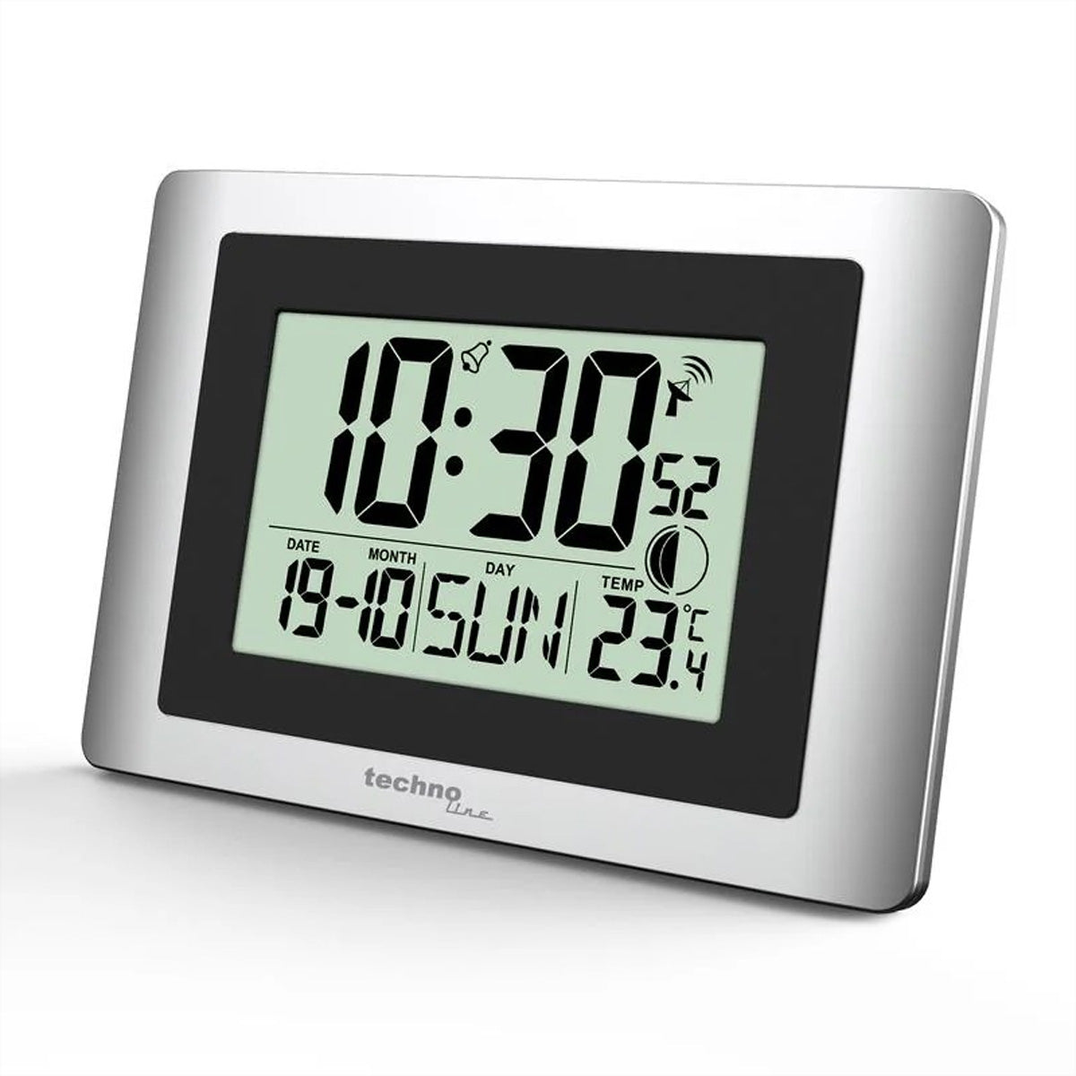 Technoline Wanduhr – Digital, Funk, Thermometer, 15 × 22 × 5,6 cm, Silber