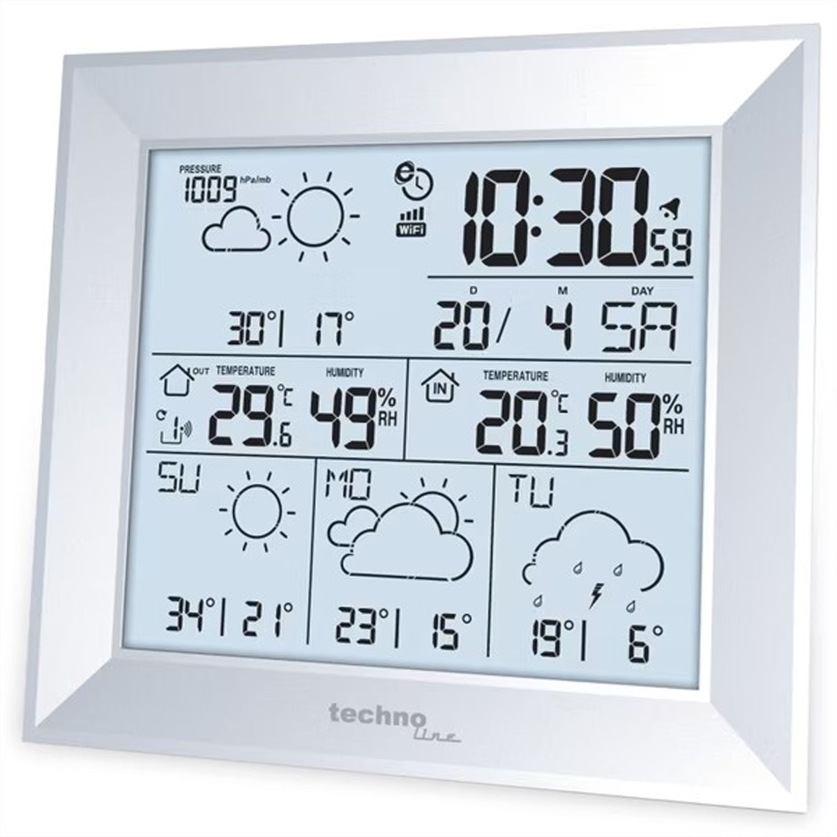 Technoline WD 2000 – Wetterstation, WLAN, innen/aussen, Thermometer & Hygrometer, inkl. Aussensensor – Silber