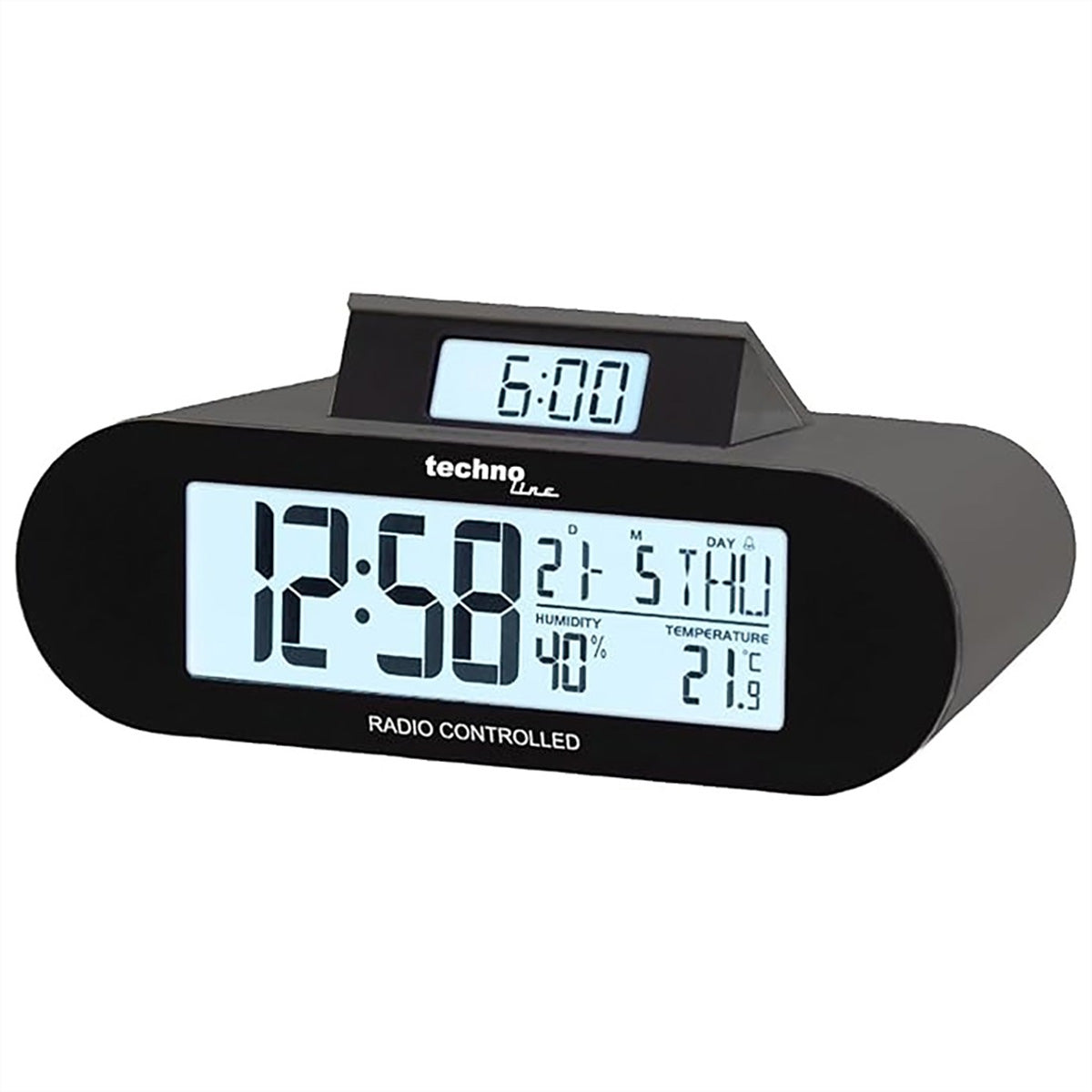 Technoline WT 376 Digitalwecker – Funk, Schlummerfunktion, Thermometer/Hygrometer, 7,3 × 15 × 5,5 cm, Schwarz