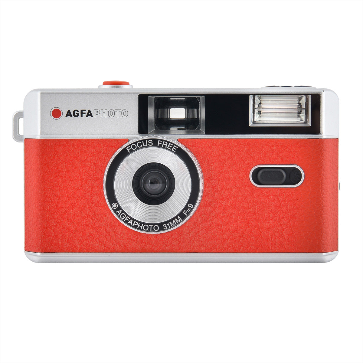 AgfaPhoto Analog Kamera 35 mm – Kompakt-Filmkamera, 32 mm f/9, fokusfrei, eingebauter Blitz, rot