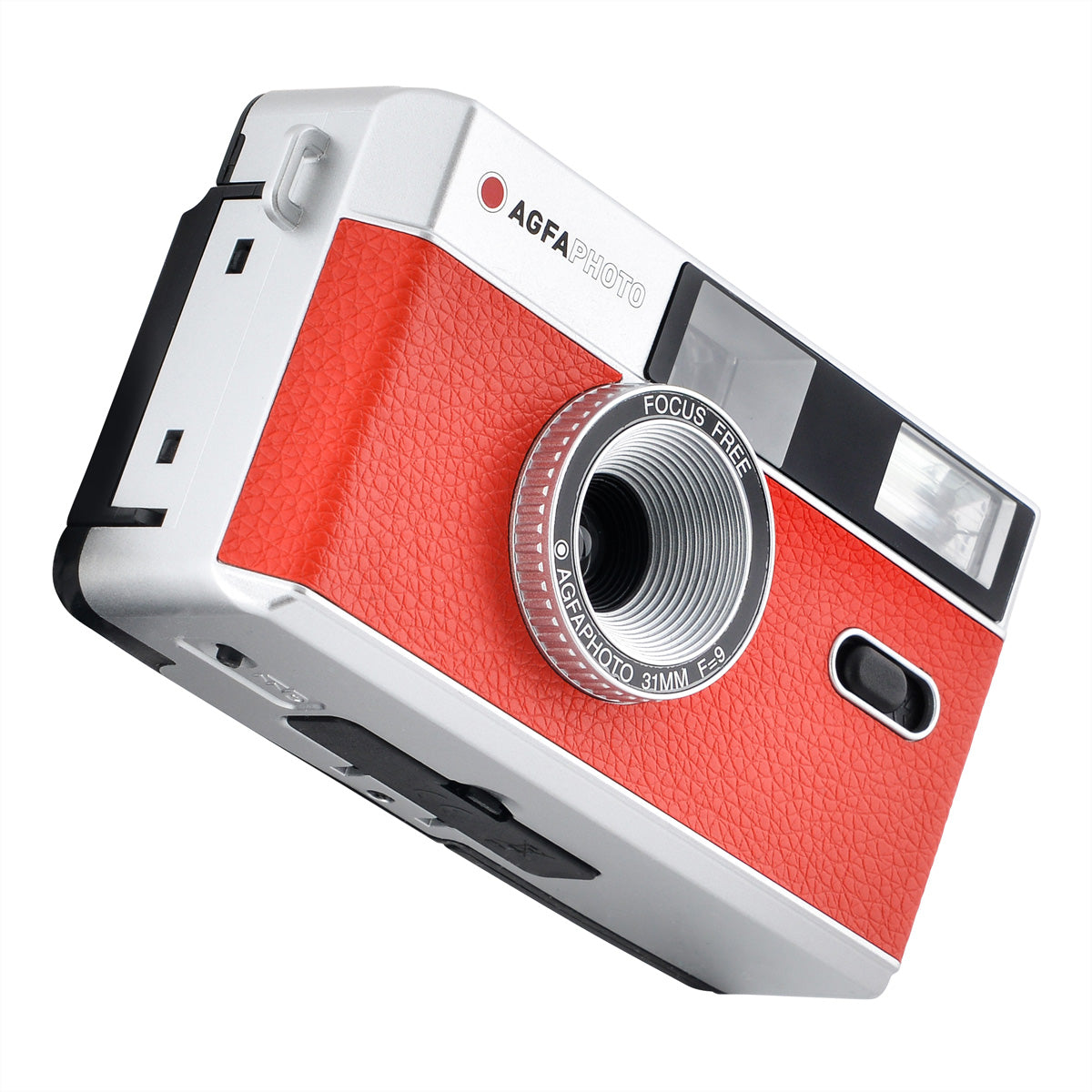 AgfaPhoto Analog Kamera 35 mm – Kompakt-Filmkamera, 32 mm f/9, fokusfrei, eingebauter Blitz, rot
