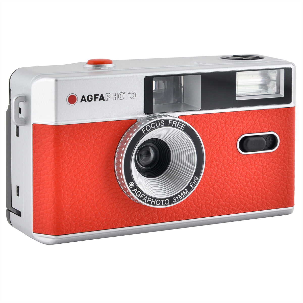 AgfaPhoto Analog Kamera 35 mm – Kompakt-Filmkamera, 32 mm f/9, fokusfrei, eingebauter Blitz, rot