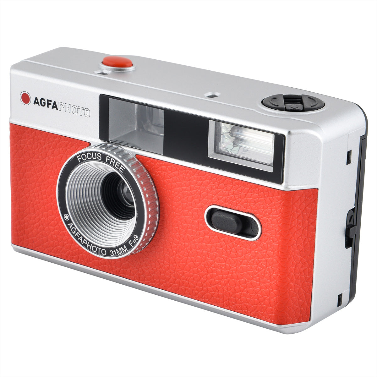 AgfaPhoto Analog Kamera 35 mm – Kompakt-Filmkamera, 32 mm f/9, fokusfrei, eingebauter Blitz, rot