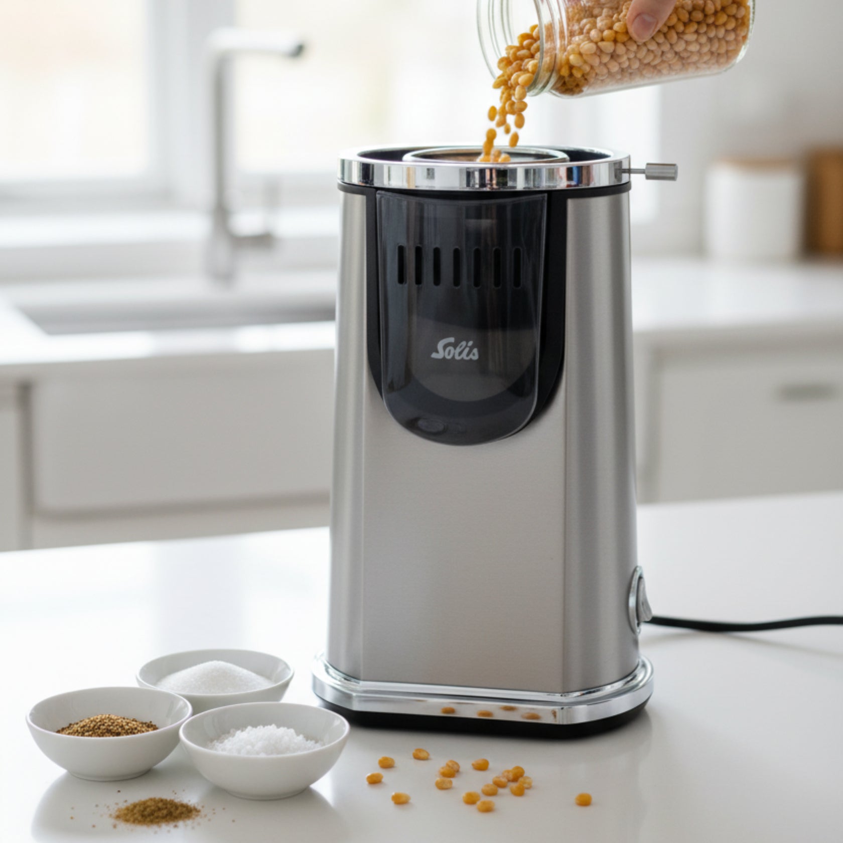 Solis Popcornmaschine Pop & Fun – 80 g, Heissluft, 1 200 W – Silber/Edelstahl