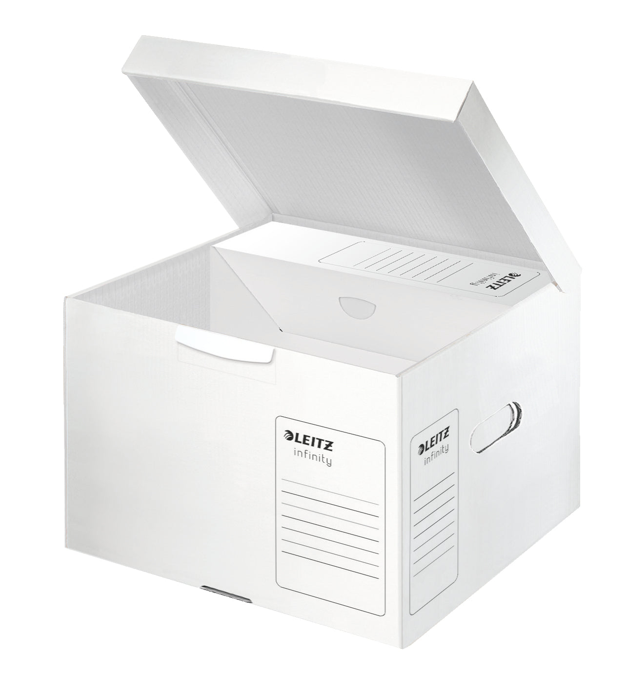 Leitz Infinity Archivschachtel – für A4, B 350 × H 265 × T 320 mm, mit Deckel, weiss, Karton