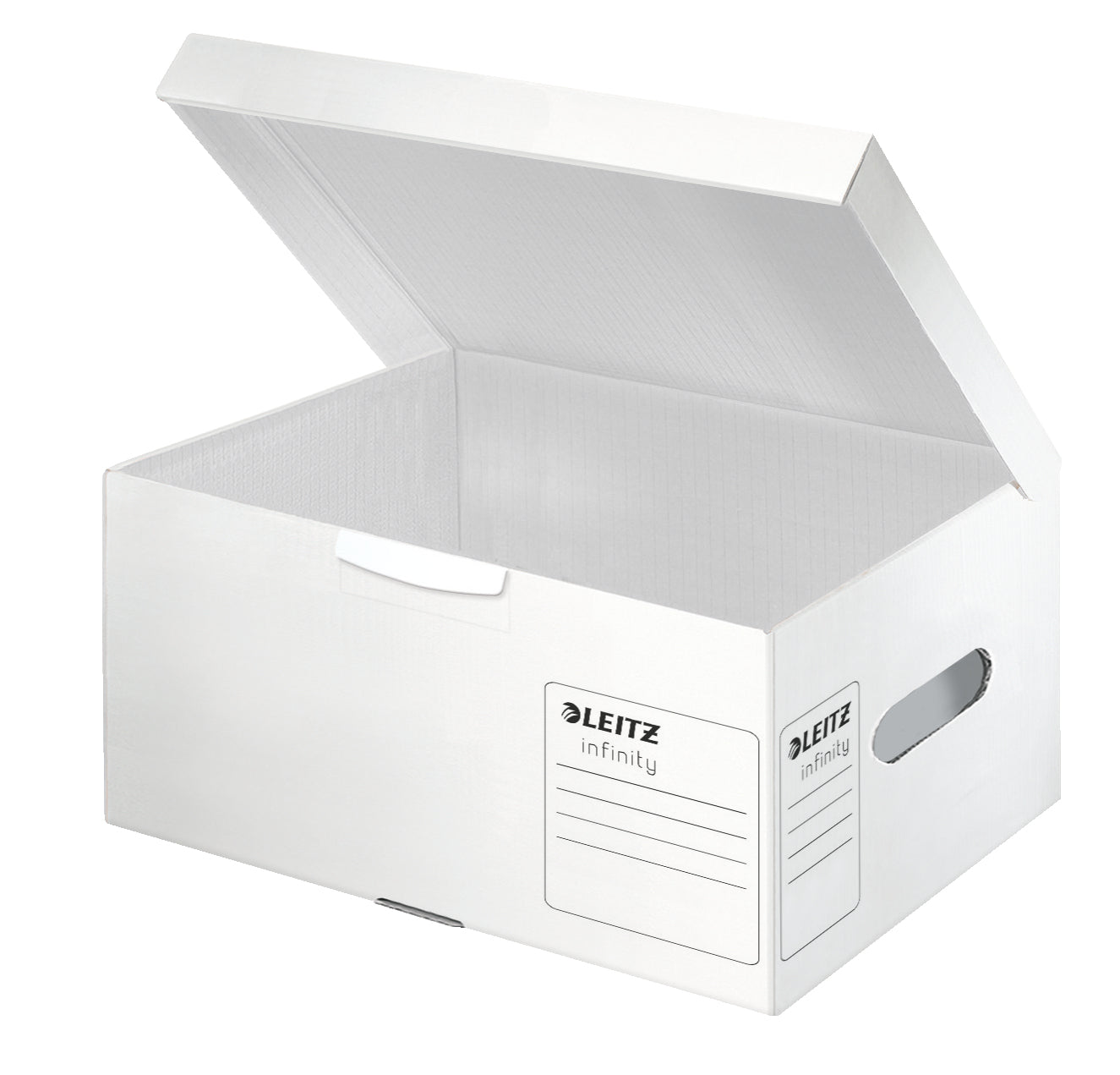 Leitz Infinity Archivschachtel – für A4, B 355 × H 190 × T 255 mm, mit Deckel, weiss, Karton