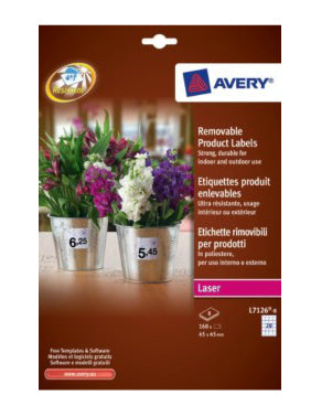 Avery L7126-8 – Etiketten A4 45 × 45 mm – Polyester, weiss – wiederablösbar – Laser – 20/Blatt, 8 Blätter