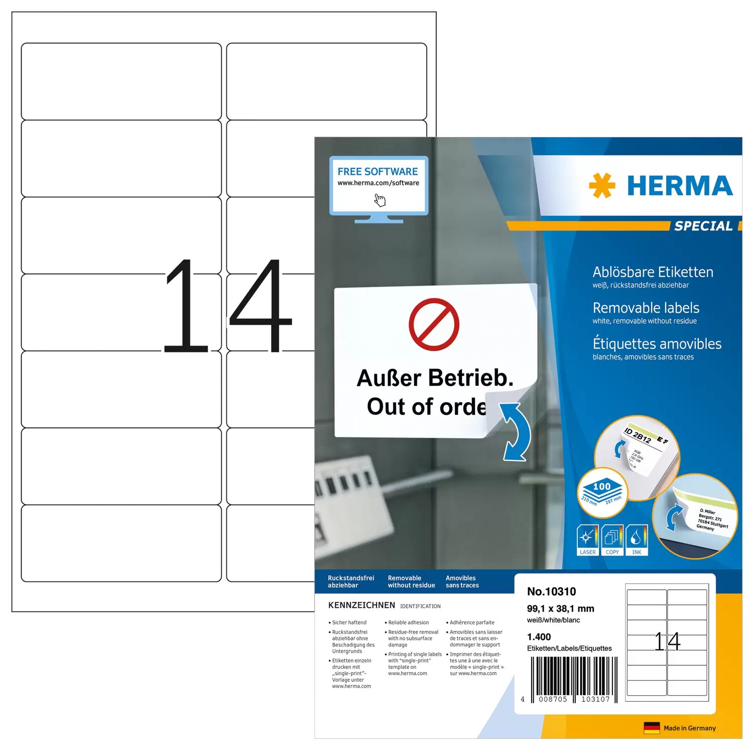 HERMA Adressetiketten, 99 mm × 38 mm, weiss, Papier, ablösbar, 1400 Etiketten