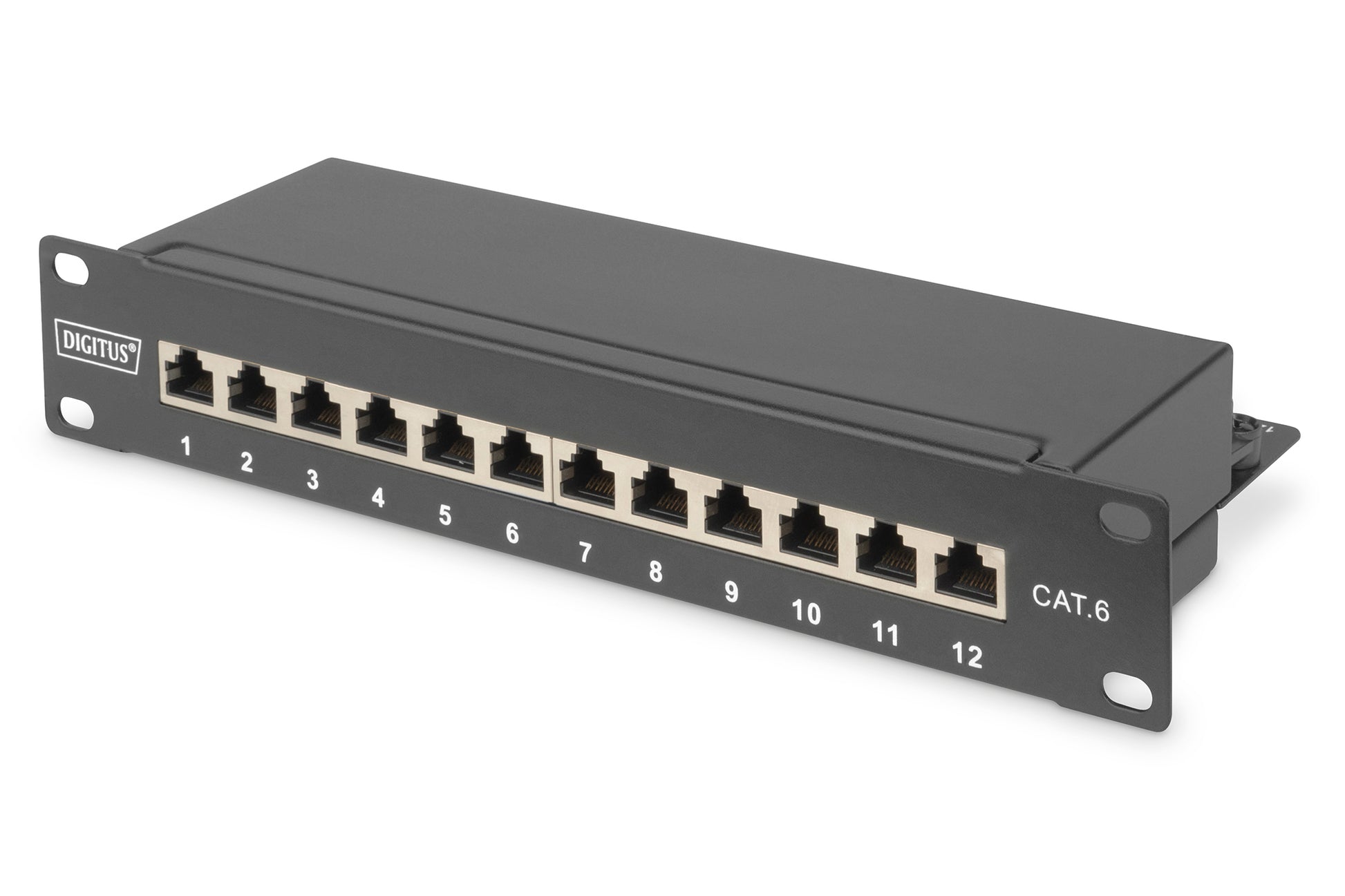Digitus Patchpanel – CAT 6 (Klasse E), 12× RJ-45, geschirmt, 1U, Schwarz