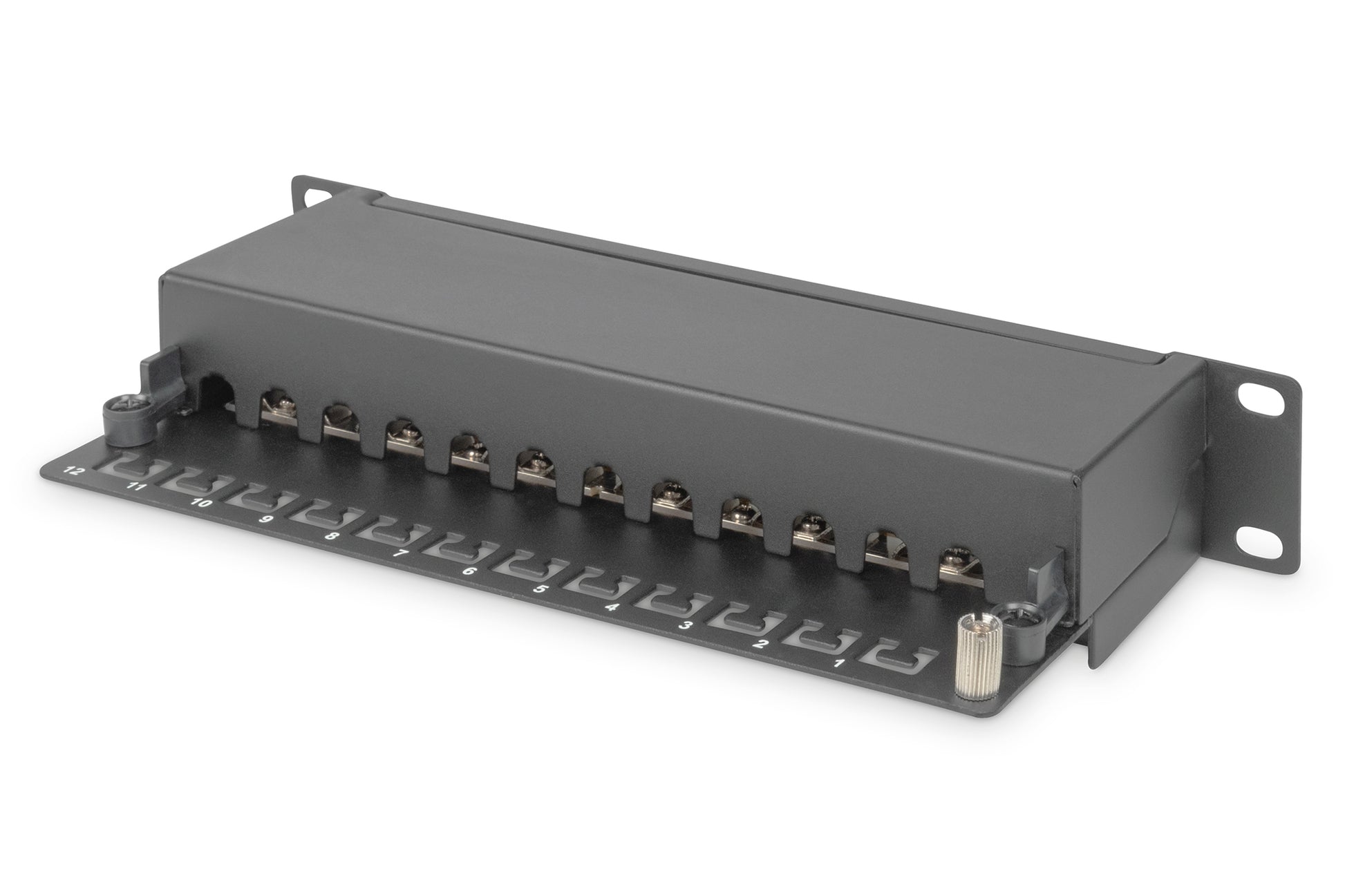 Digitus Patchpanel – CAT 6 (Klasse E), 12× RJ-45, geschirmt, 1U, Schwarz