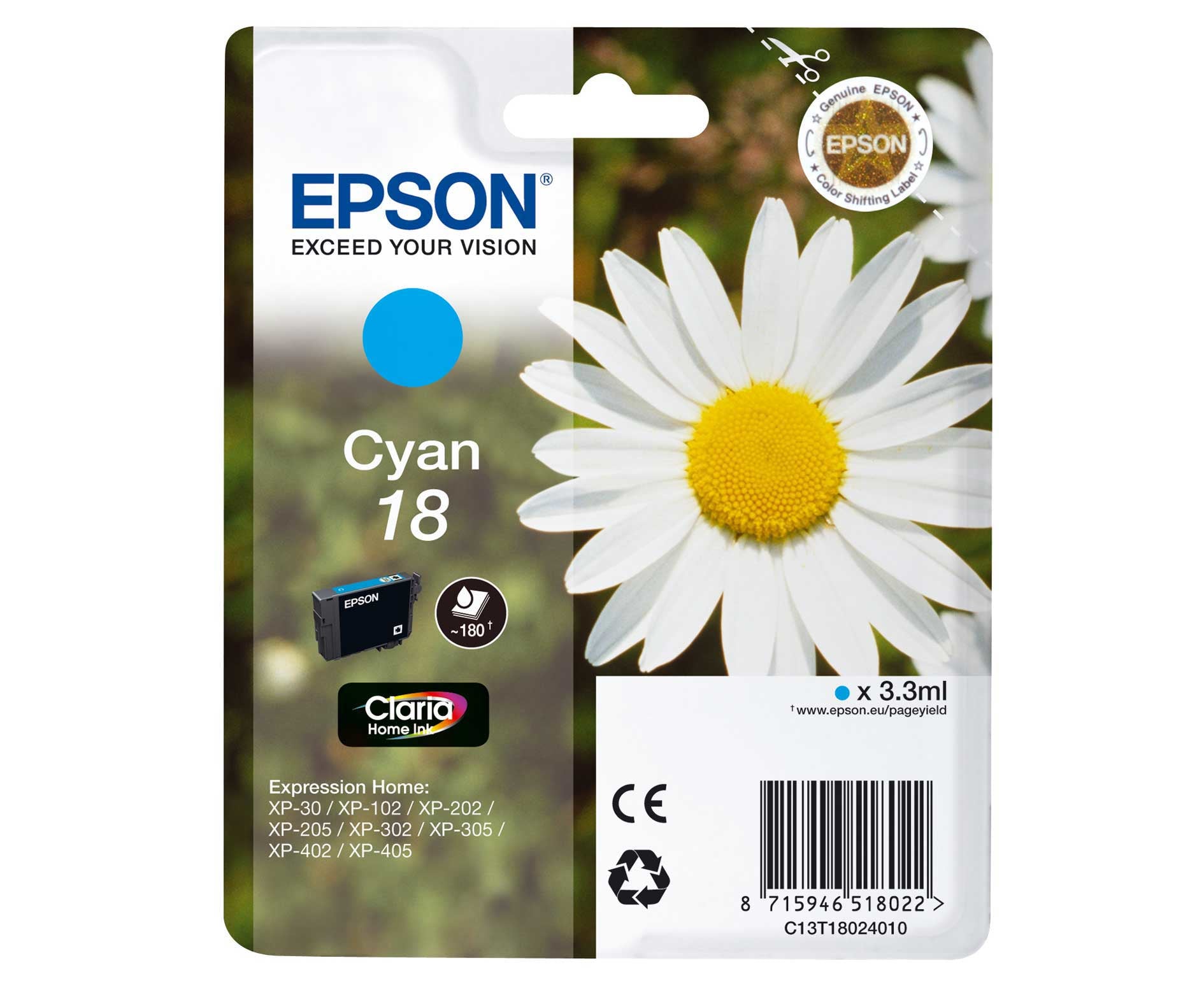 Epson T180240 Cyan Tintenpatrone (Original) – 180 Seiten – für Epson XP-102/205/305/405 – C13T180240