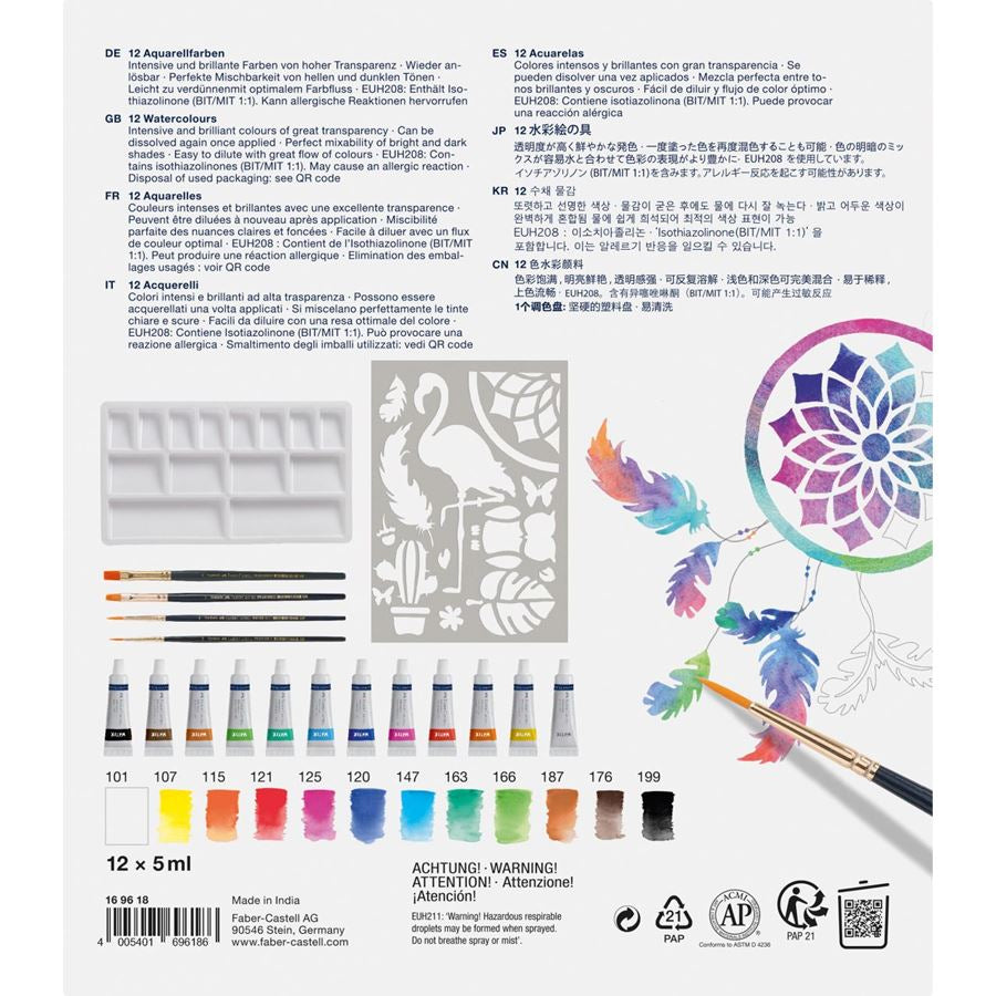 Faber-Castell Creative Studio Aquarellfarben – Mehrfarbig – 12 Farben (12×5 ml) – 4 Pinsel