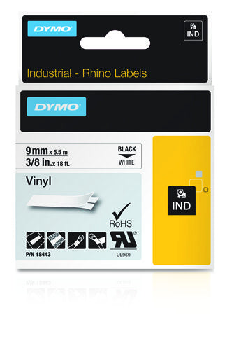 DYMO Schriftband – 9 mm × 5,5 m, weiss, schwarz – für DYMO Rhino: 3000, 4200, 5000, und andere