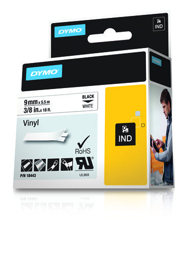 DYMO Schriftband – 9 mm × 5,5 m, weiss, schwarz – für DYMO Rhino: 3000, 4200, 5000, und andere