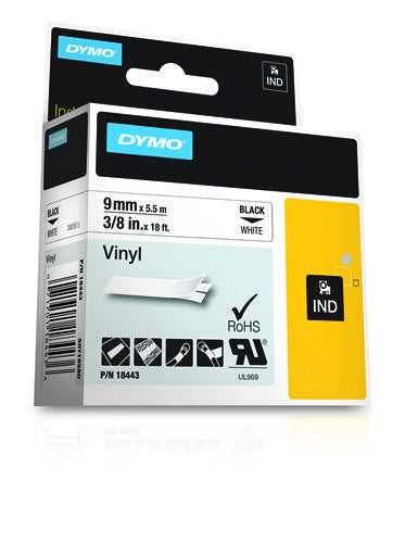 DYMO Schriftband – 9 mm × 5,5 m, weiss, schwarz – für DYMO Rhino: 3000, 4200, 5000, und andere