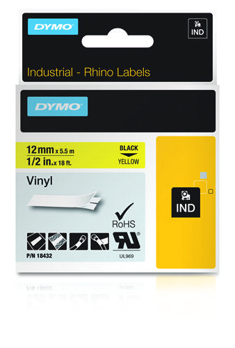 DYMO Schriftband – 12 mm × 5,5 m, gelb, schwarz – für DYMO Rhino: 3000, 4200, 5000 und weitere