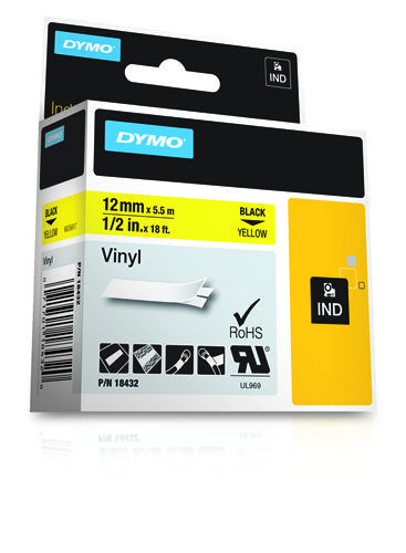 DYMO Schriftband – 12 mm × 5,5 m, gelb, schwarz – für DYMO Rhino: 3000, 4200, 5000 und weitere