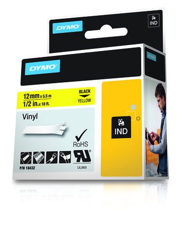 DYMO Schriftband – 12 mm × 5,5 m, gelb, schwarz – für DYMO Rhino: 3000, 4200, 5000 und weitere