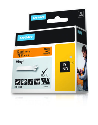 DYMO Schriftband – 12 mm × 5,5 m, orange, schwarz, Rhino IND – für DYMO Rhino: 3000, 4200, 5000 und weitere