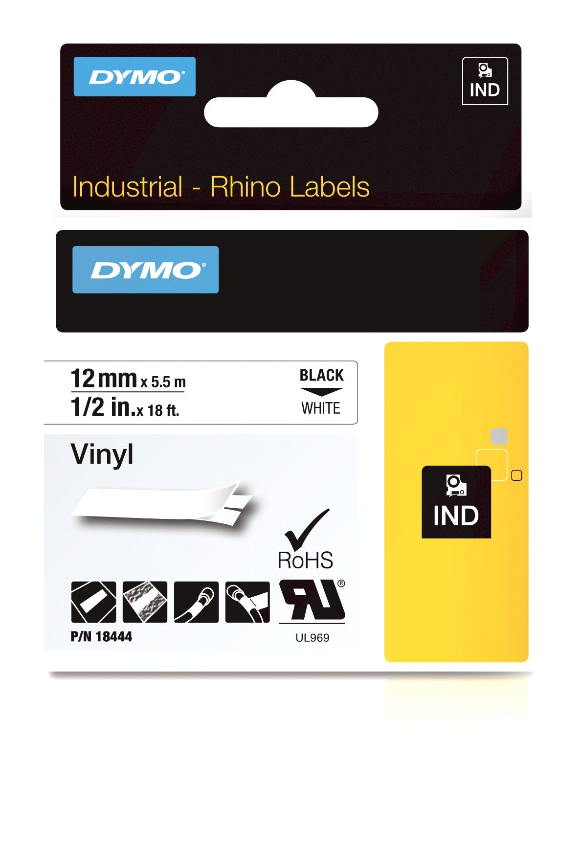 DYMO Schriftband – 12 mm × 5,5 m, weiss, schwarz – für DYMO Rhino: 3000, 4200, 5000 und weitere