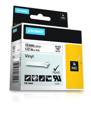 DYMO Schriftband – 12 mm × 5,5 m, weiss, schwarz – für DYMO Rhino: 3000, 4200, 5000 und weitere