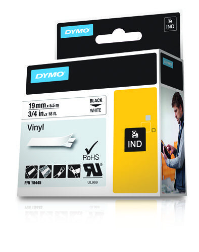DYMO Schriftband – 19 mm × 5,5 m, weiss, schwarz, Rhino IND – für DYMO Rhino: 3000, 4200, 5000 und weitere