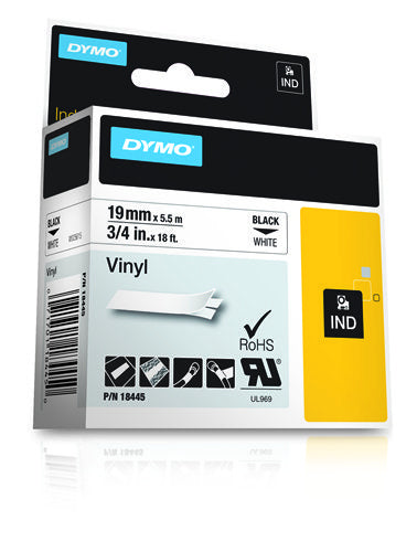 DYMO Schriftband – 19 mm × 5,5 m, weiss, schwarz, Rhino IND – für DYMO Rhino: 3000, 4200, 5000 und weitere