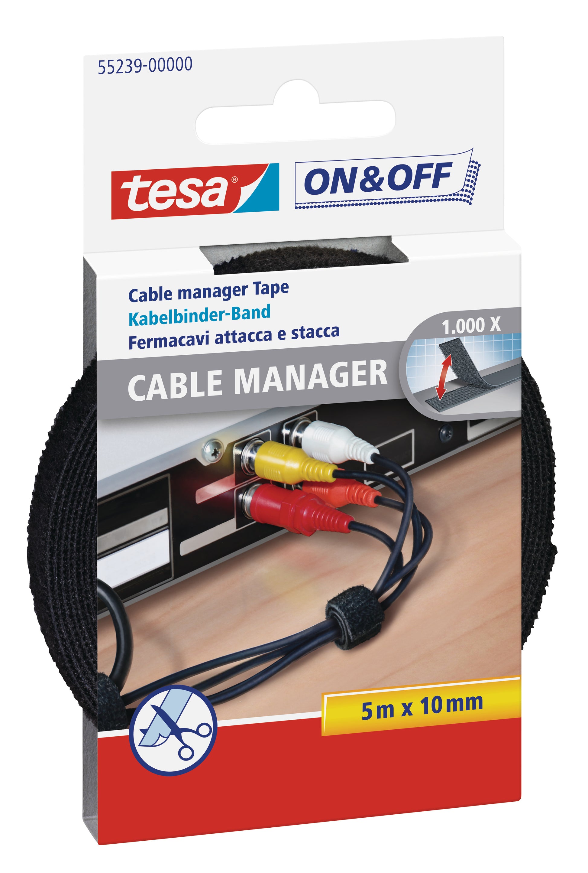 TESA Klett-Kabelbinder – 10 mm × 5,00 m, Kunststoff, Schwarz, zuschneidbar