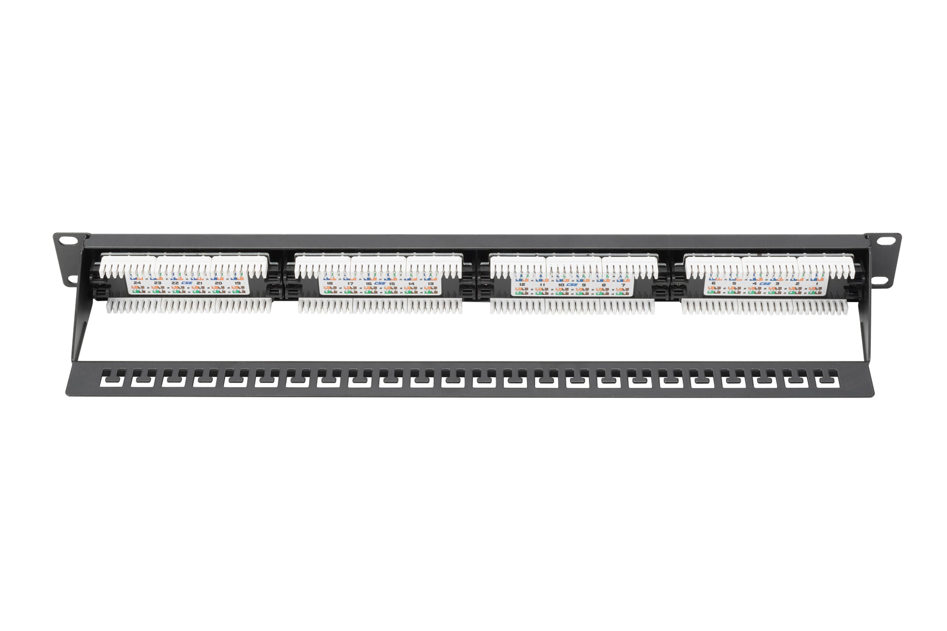 Digitus Patchpanel Cat6 (Klasse E) – 16× RJ‑45, 1U (Rackeinbau), Schwarz, galvanisierter Stahl (SECC)