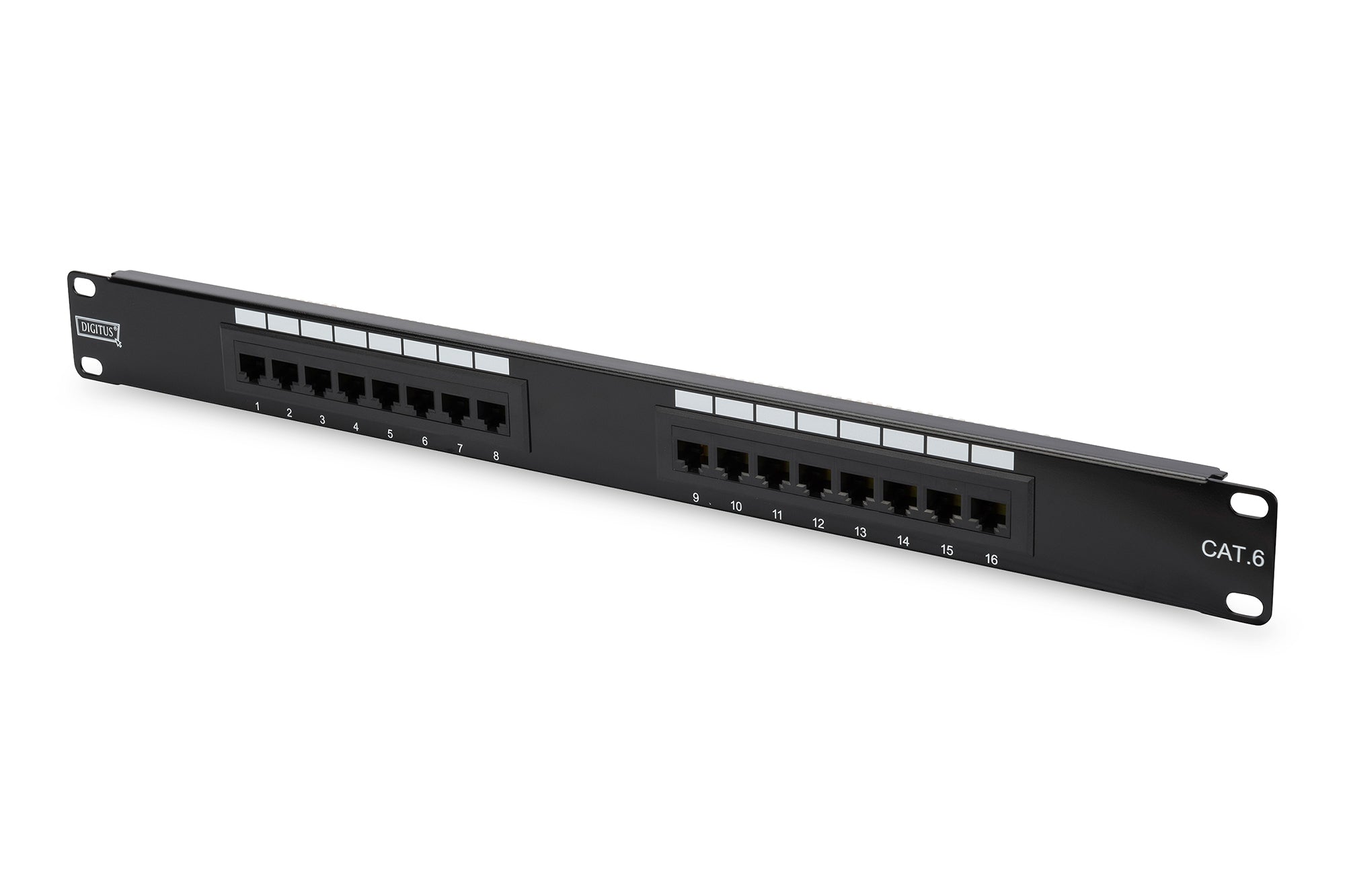 Digitus Patchpanel Cat6 (Klasse E) – 16× RJ‑45, 1U (Rackeinbau), Schwarz, galvanisierter Stahl (SECC)