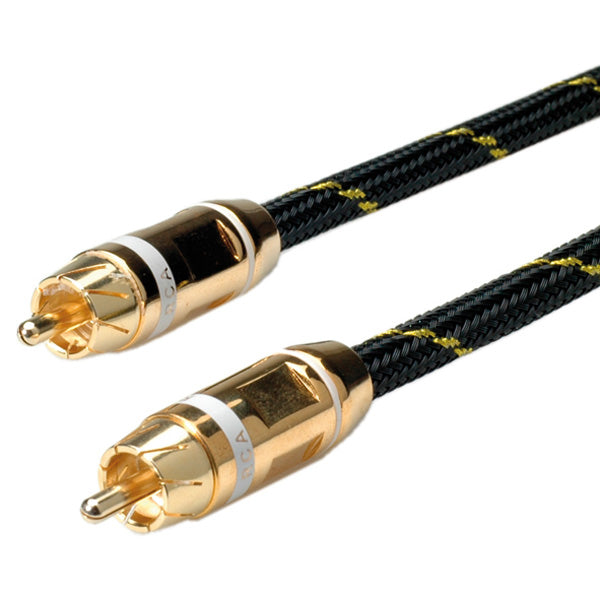 ROLINE RCA-Verbindungskabel – Stecker zu Stecker – 5 m, vergoldete Stecker, Nylonmantel, Schwarz/Gold