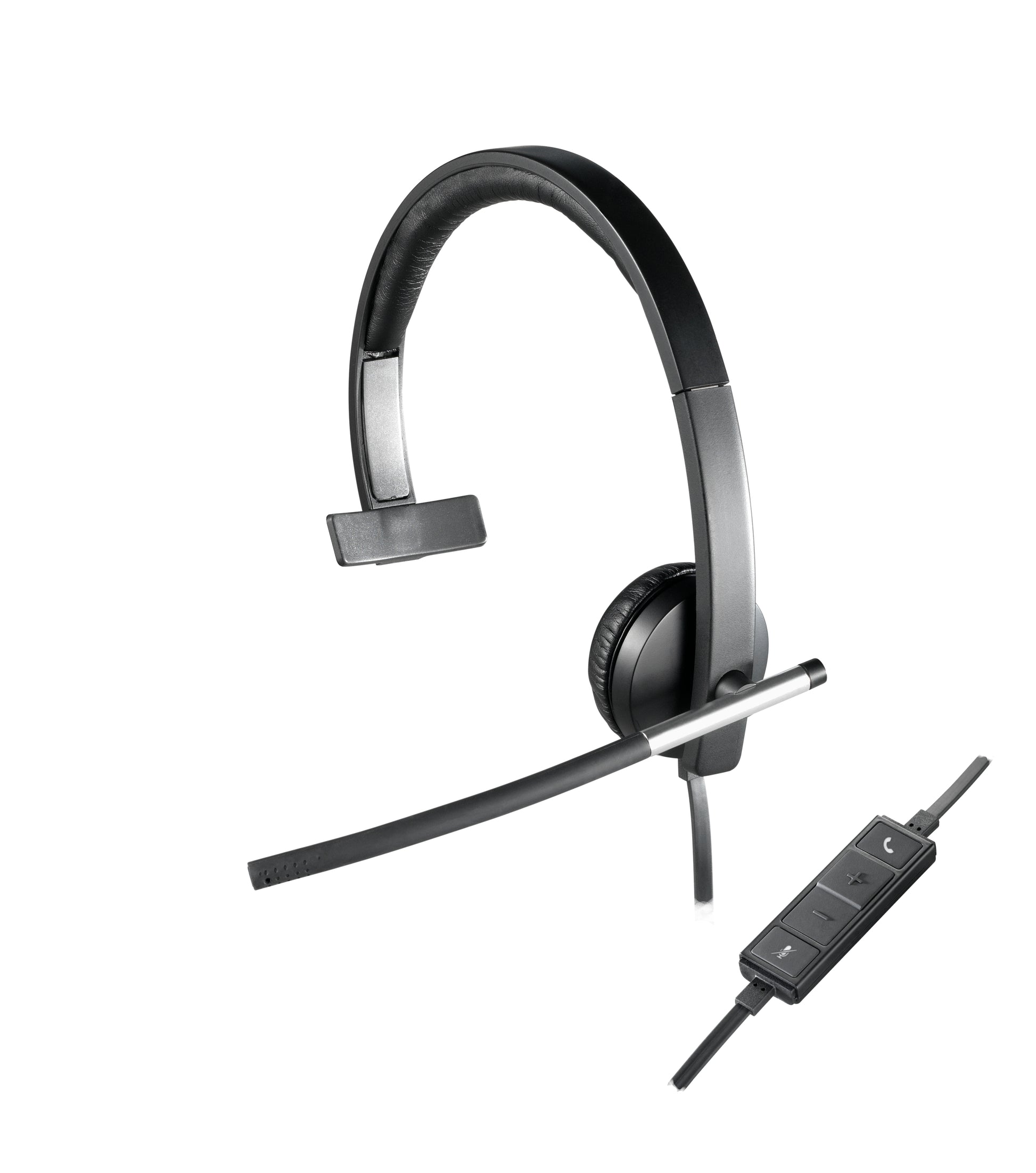Logitech H650e – Mono-Headset – USB‑A, klappbares Boom-Mikrofon, DSP – Schwarz/Silber – für Windows/Mac/Linux