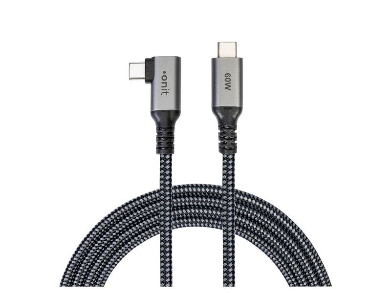 ONIT USB-C auf USB-C Kabel – USB4 20 Gbit/s – 5 m – PD 60 W – Textilmantel, Abgewinkelt – Schwarz/Grau